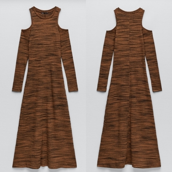 New Zara Ribbed Cut Out Cold Shoulder Long Sleeve Brown/Black Midi Dress Small - Picture 8 of 15